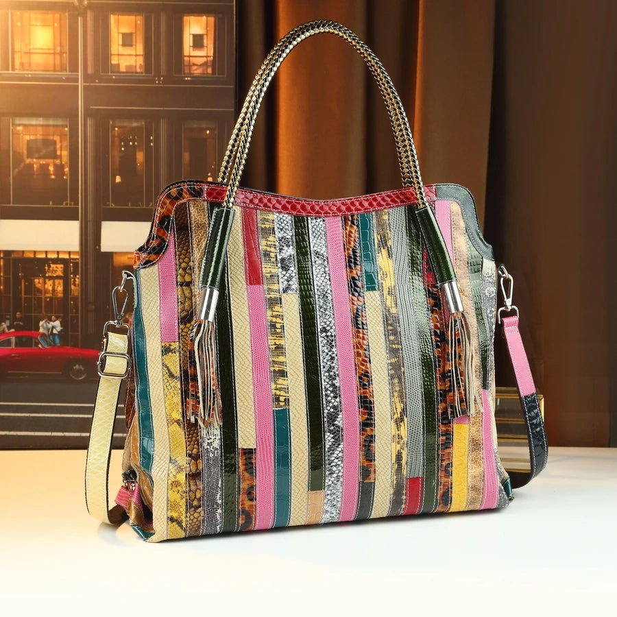 Oversized Patchwork Genuine Leather Tote, Retro Shoulder Bag - product photo 1