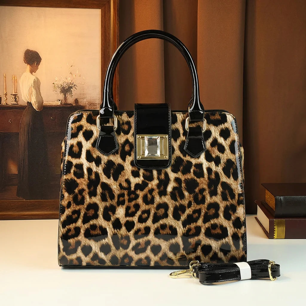 Leopard Patent Leather Tote, Square-Lock Shoulder Bag - product photo 1