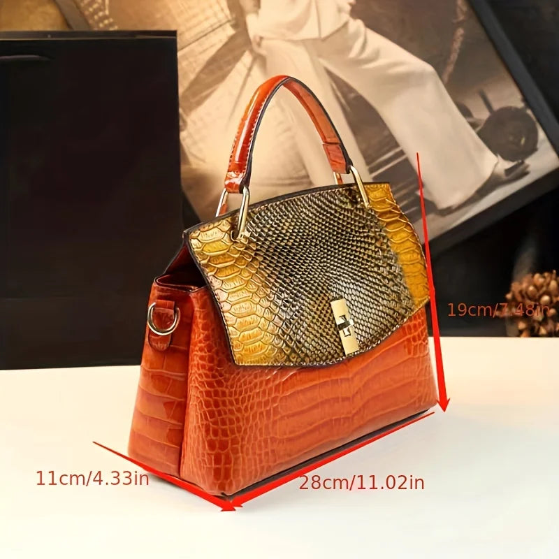 Genuine Leather Croc-Embossed Satchel, Top-Handle Bag - product photo 3