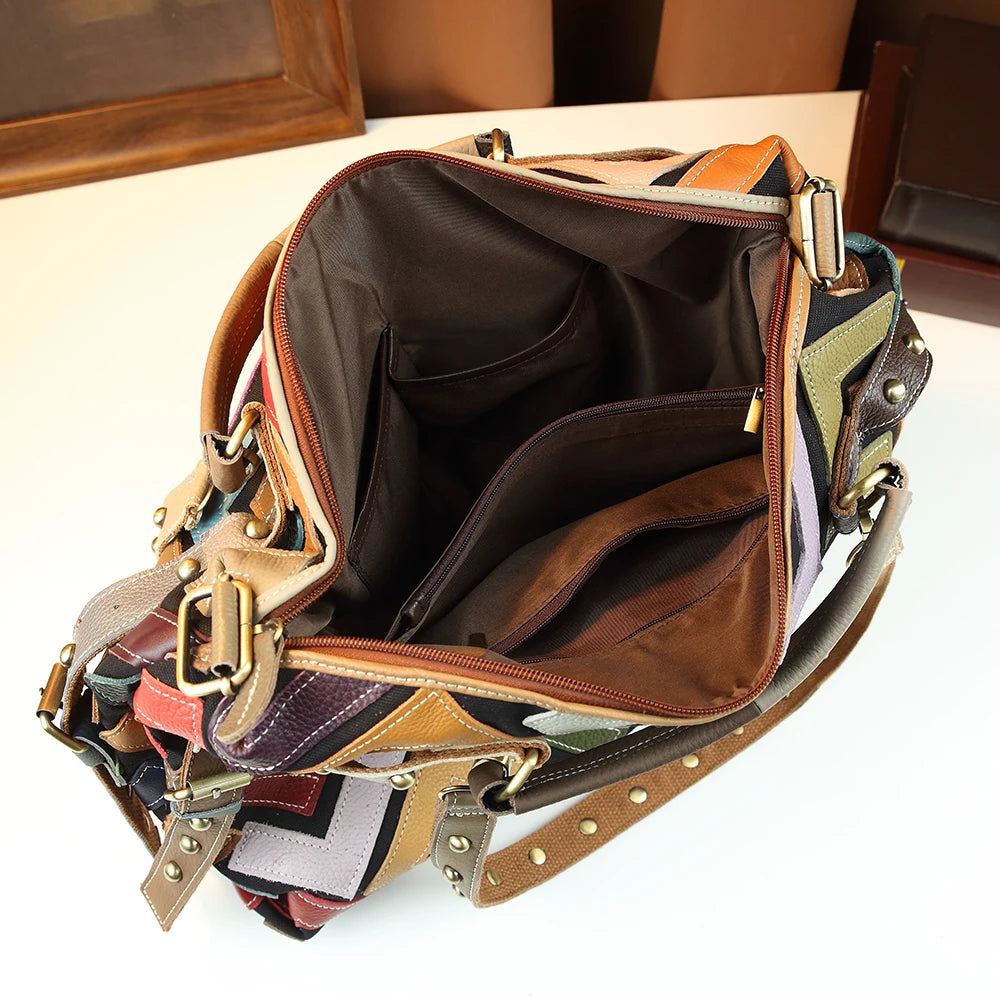 Colour-Block Cowhide Tote, Genuine Leather Handbag - product photo 5