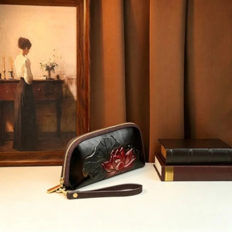 Lotus Embossed Long Wallet, PU Clutch with Wristlet - product photo 2