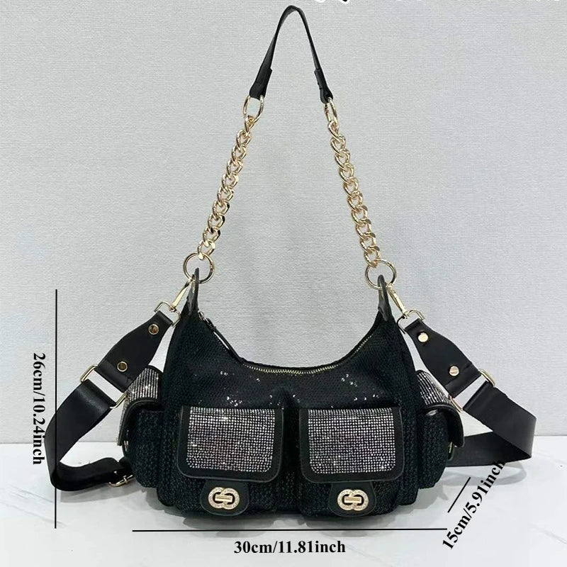 Rhinestone Multi-Pocket Hobo Bag, Chain-Strap Crossbody - product photo 6