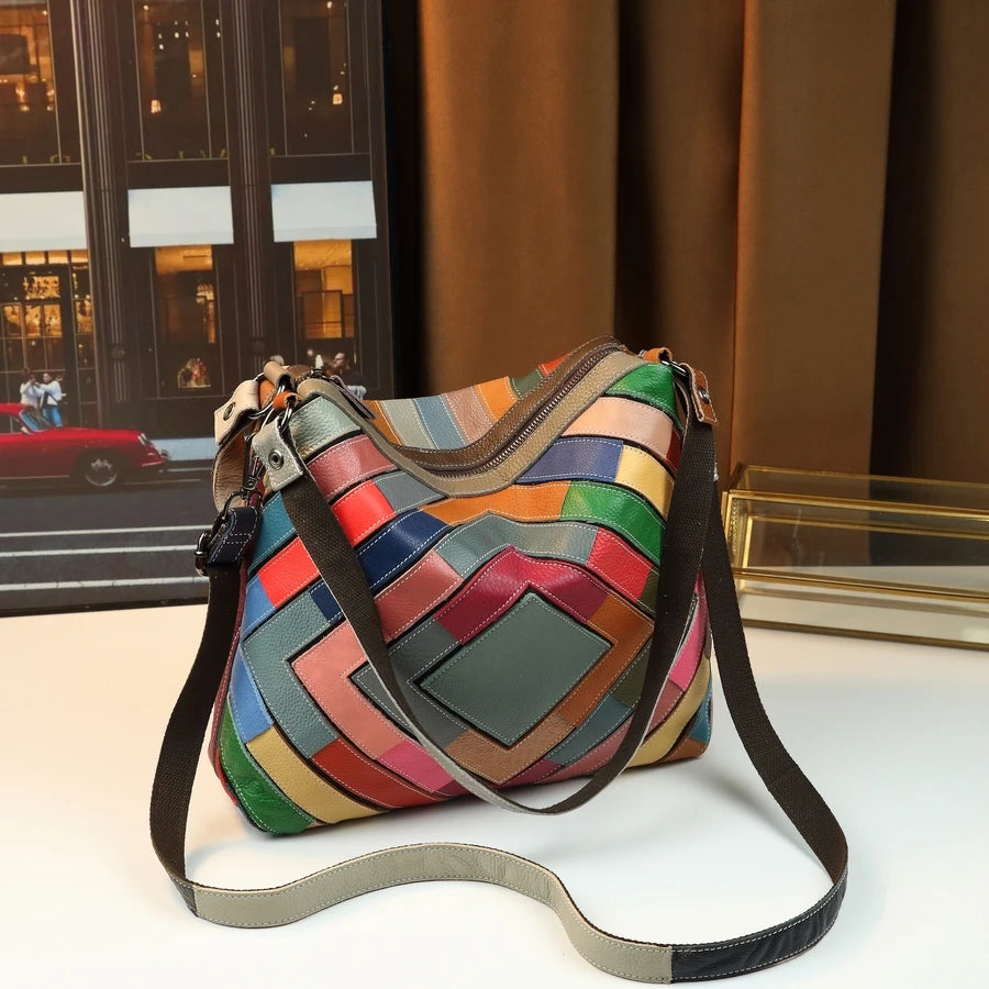 Geometric Patchwork Genuine Leather Square Bag - product photo 4