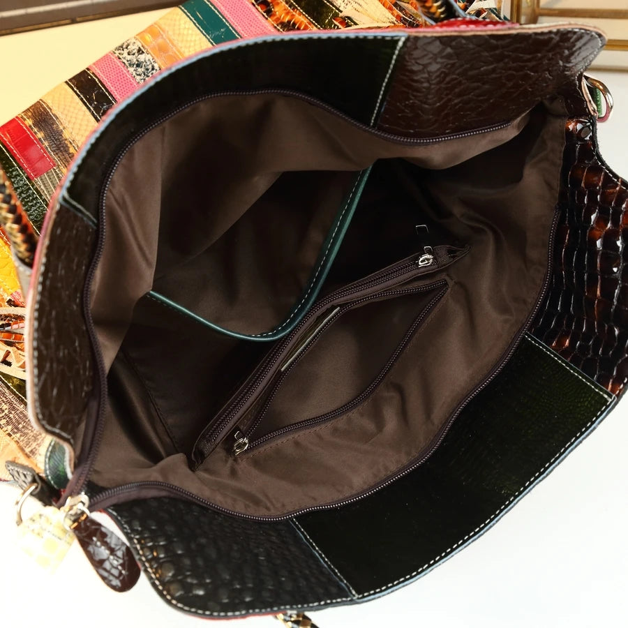 Oversized Patchwork Genuine Leather Tote, Retro Shoulder Bag - product photo 3