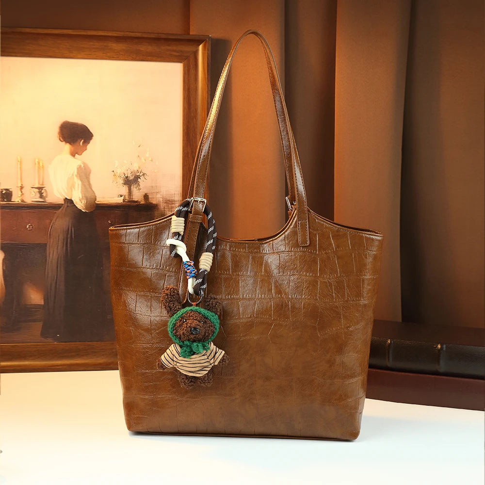 Croc Tote Bag with Bear Pendant, Large PU Shoulder Bag - product photo 1