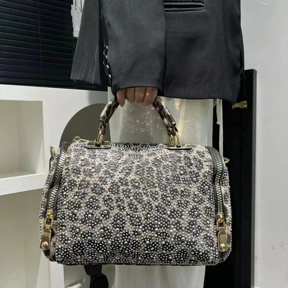 Leopard Print Rhinestone Bag, PU Crossbody - product photo 1