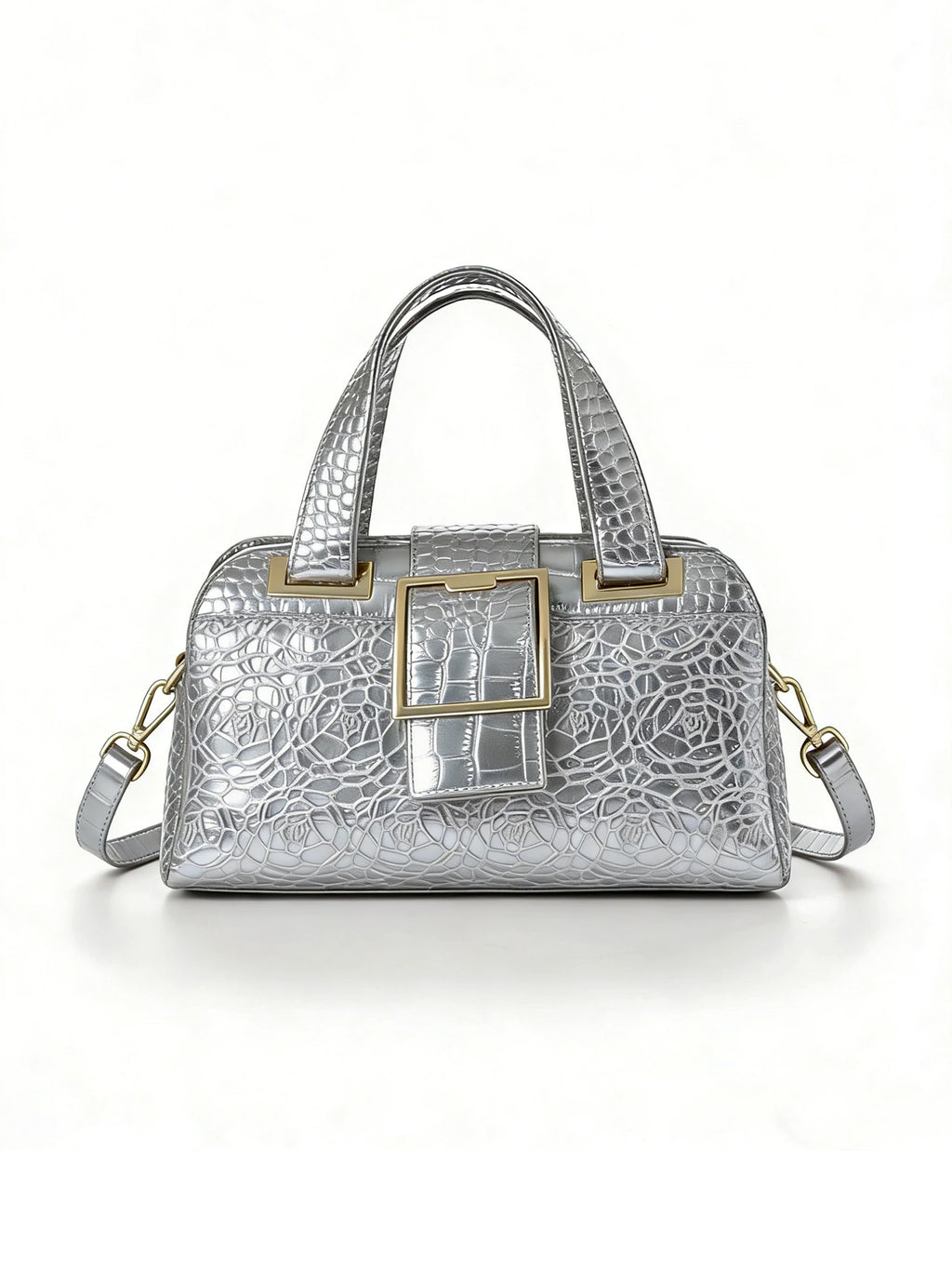 Croc-Embossed Floral Tote, Gold-Buckle Shoulder Bag - product photo 3