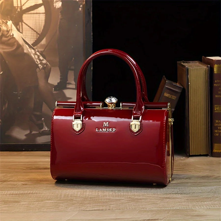 Rhinestone Clasp Tote, Patent PU Bag with Chain Strap - product photo 1