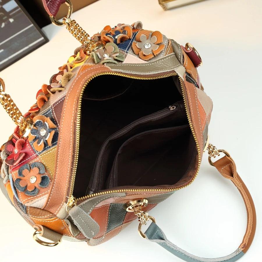 Genuine Leather Pillow Bag with Flower Patchwork - product photo 5