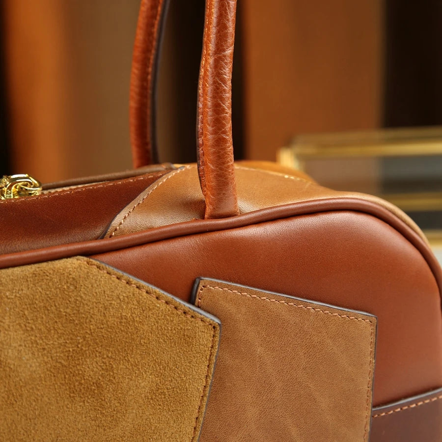 Colour-Block Genuine Leather Satchel, Earth-Tone Bag - product photo 5