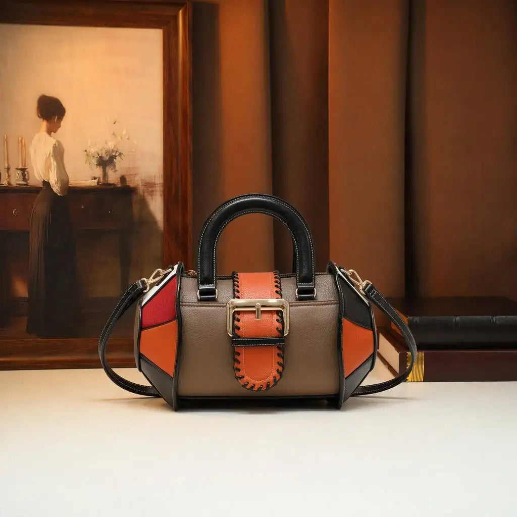 Leather Patchwork Boston Bag, Contrast-Colour PU Satchel - product photo 4