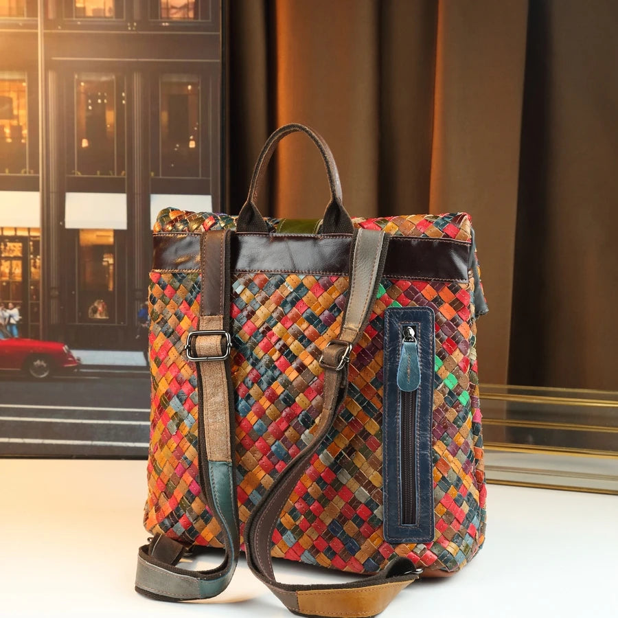 Woven Patchwork Leather Backpack, Travel Daypack - product photo 3