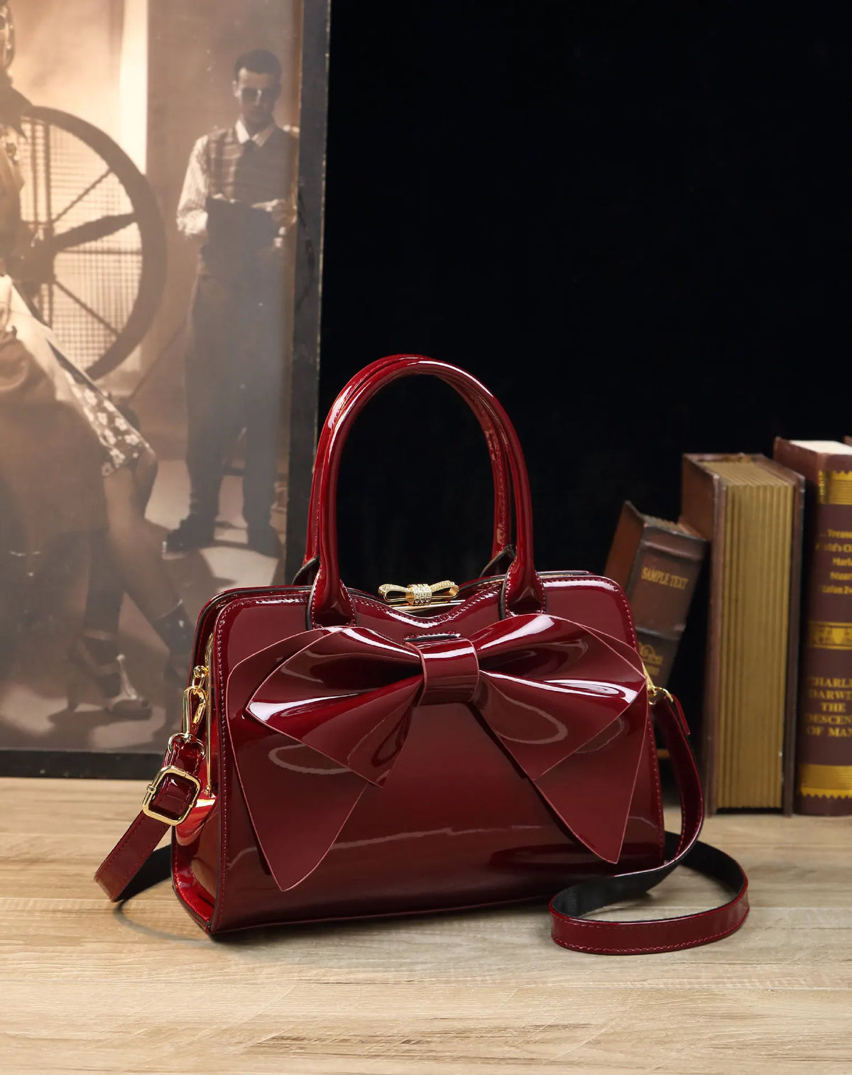 Bow Patent-Leather Handbag, Retro PU Shoulder Bag - product photo 6