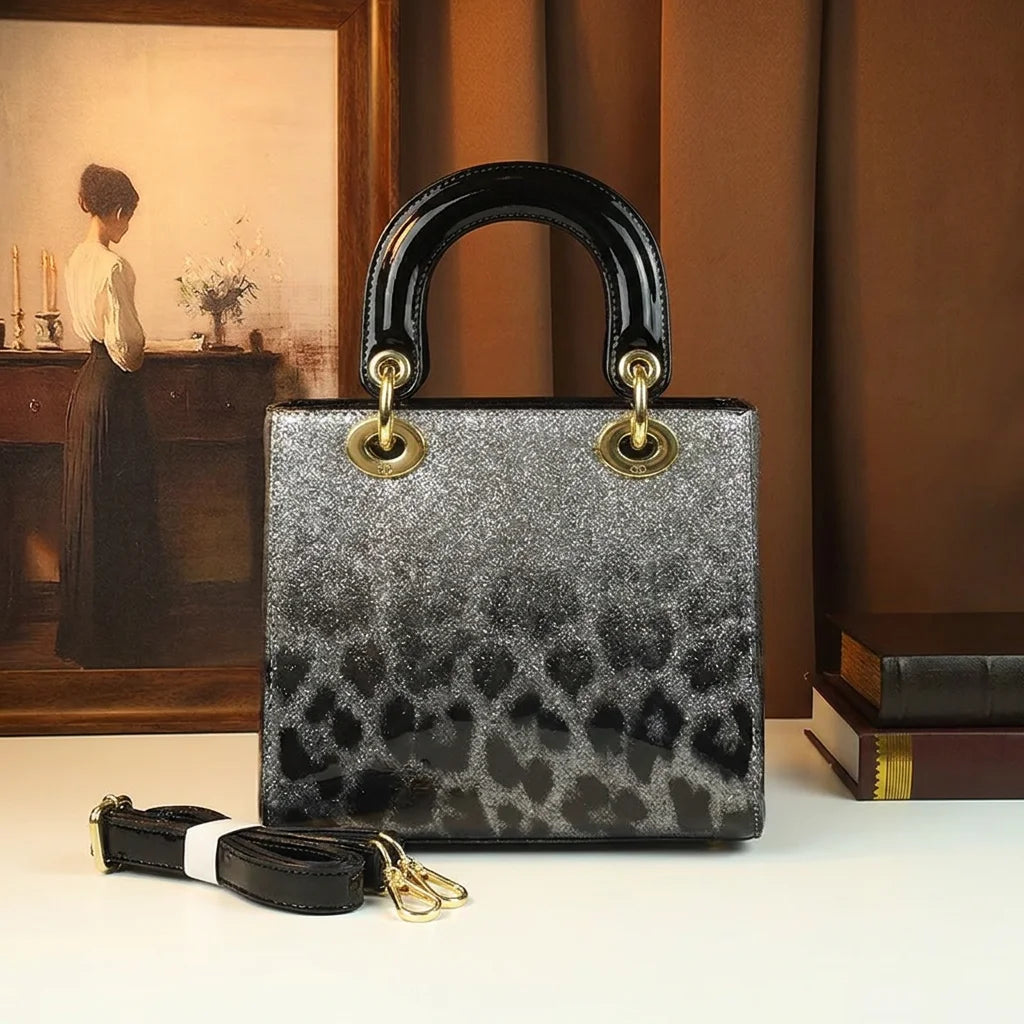 Glitter Leopard Patent Satchel, Top-Handle PU Bag - product photo 1