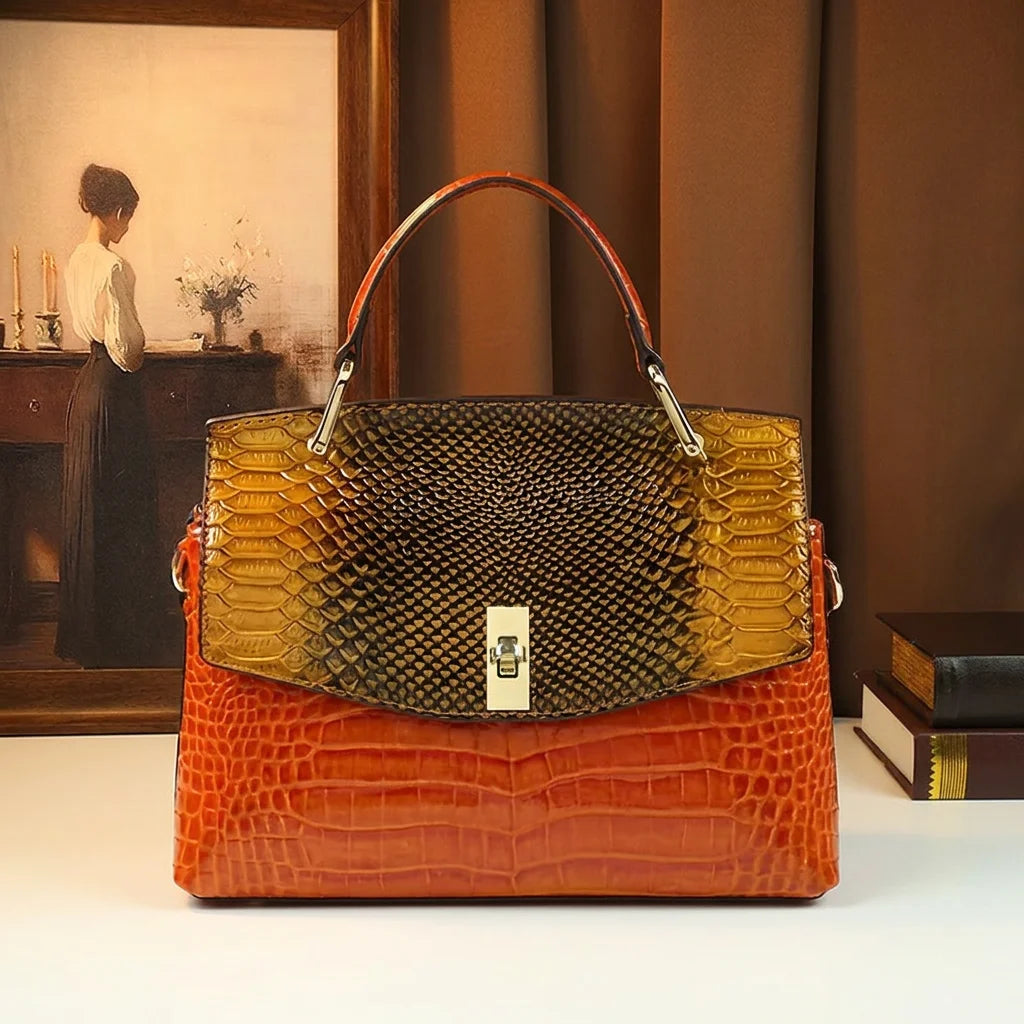 Genuine Leather Croc-Embossed Satchel, Top-Handle Bag - product photo 1