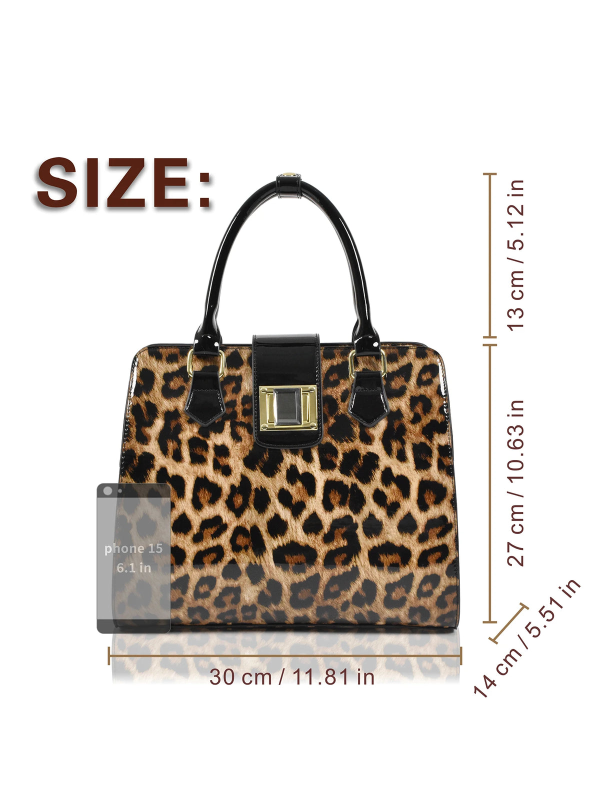 Leopard Patent Leather Tote, Square-Lock Shoulder Bag - product photo 6