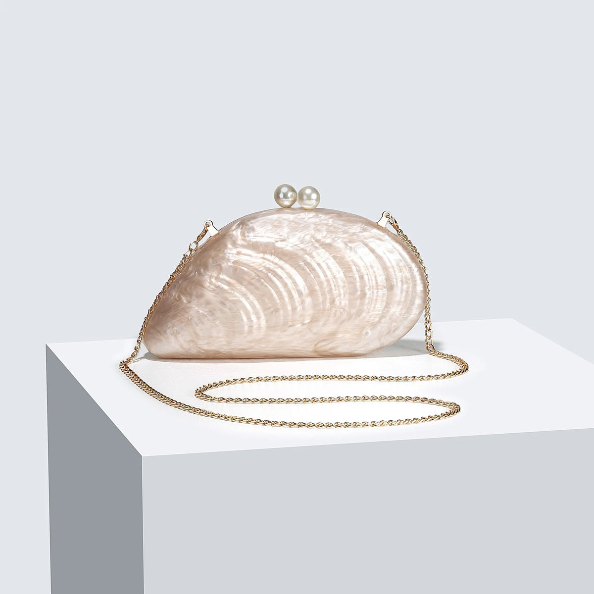 Shell Clutch with Acrylic Chain Strap, Pearl Detail - product photo 3