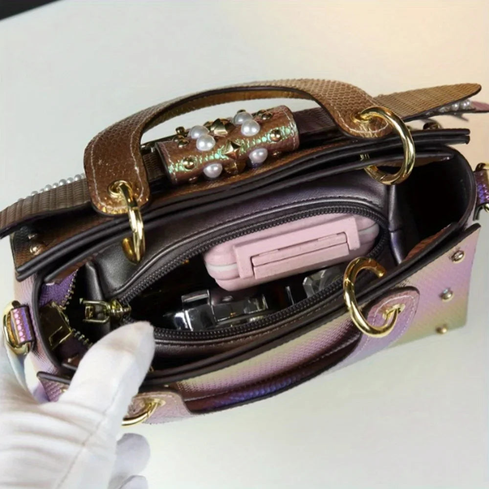 Glossy Alligator-Print Satchel, Shiny PU Shoulder Bag - product photo 5