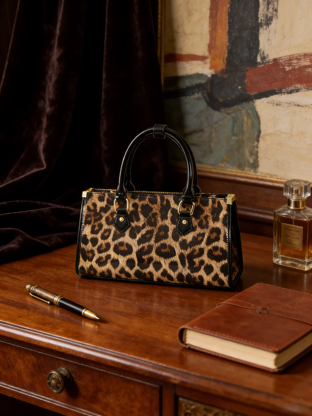 Leopard Tote with Patent Trim, Top-Handle Satchel - product photo 2