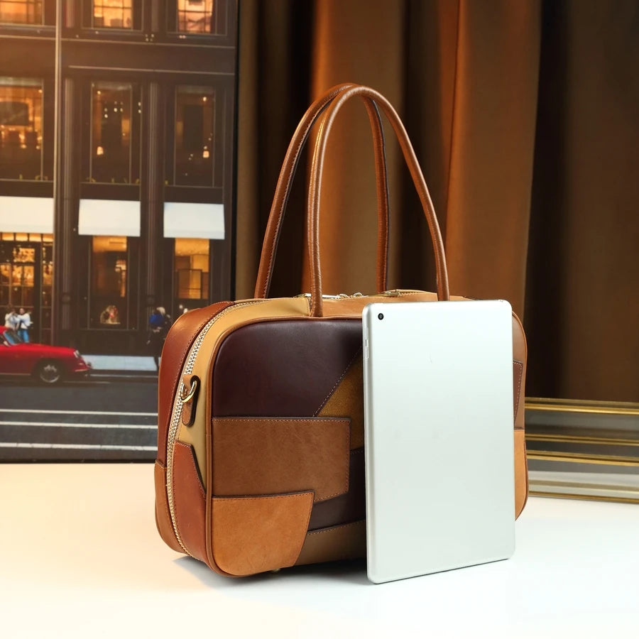 Colour-Block Genuine Leather Square Bag, Geometric Panels - product photo 2