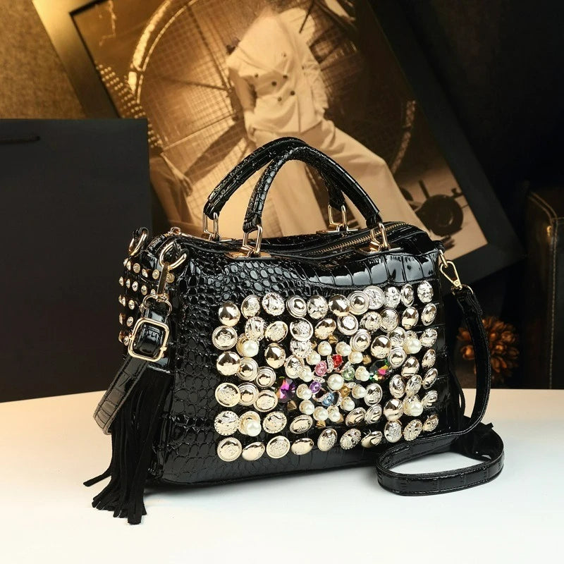 Panelled Rhinestone Shoulder Bag, Rivet Detail Tote - product photo 6