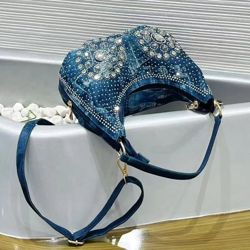 Washed Denim Handbag with Rhinestone Detail - product photo 3