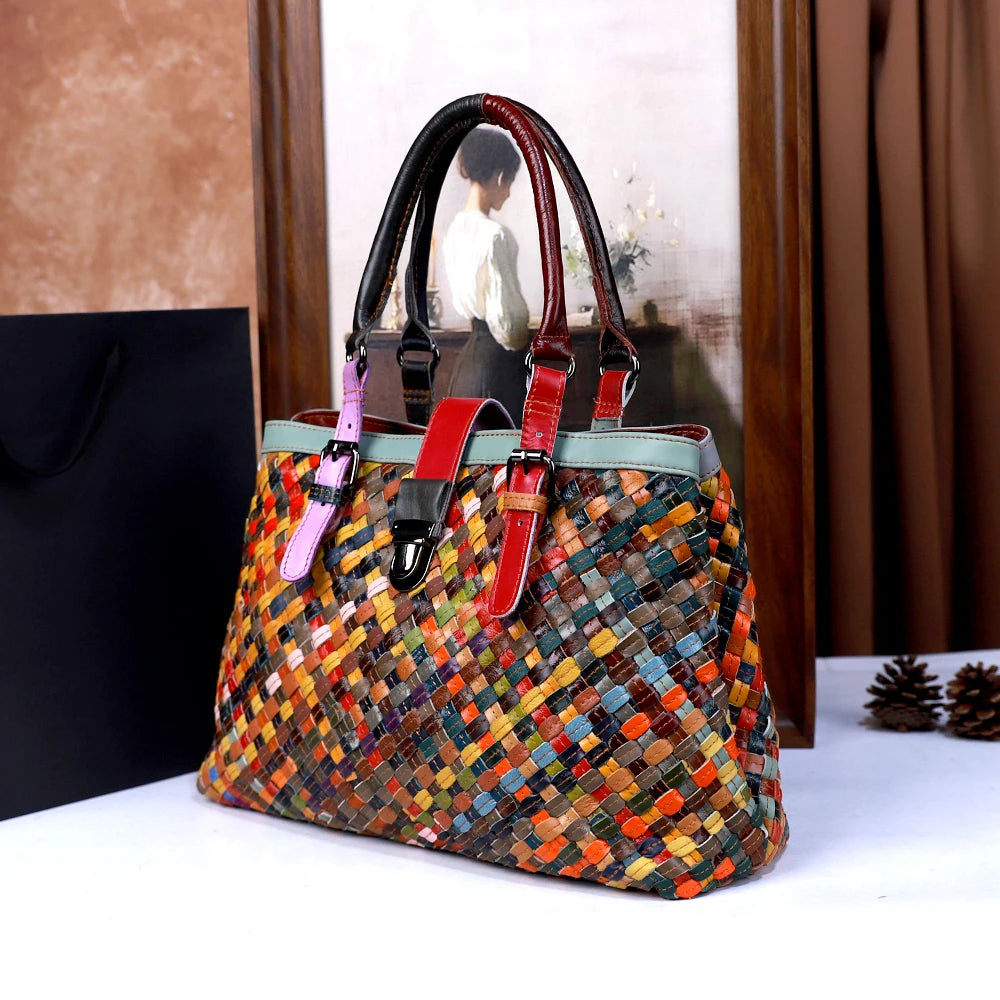 Woven Leather Crossbody Bag, Large-Capacity Shoulder Tote - product photo 2