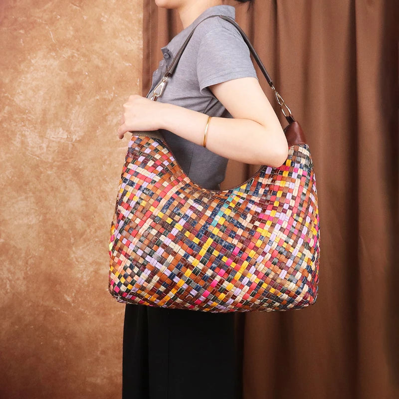 Hand-Woven Colourful Leather Tote, Artisan Shoulder Bag - product photo 1