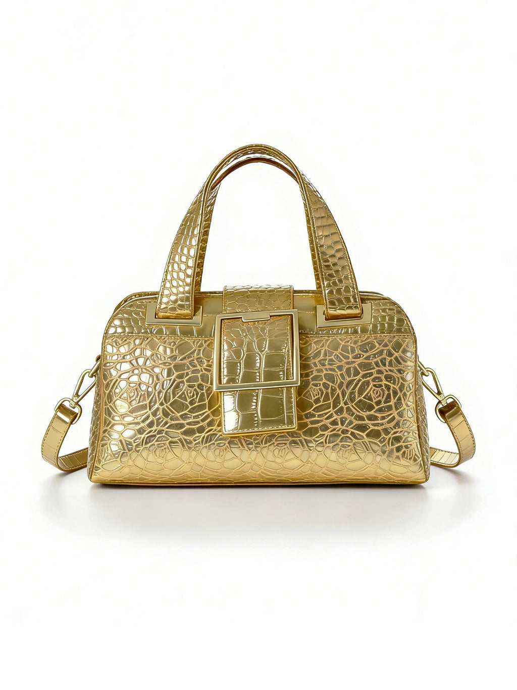 Croc-Embossed Floral Tote, Gold-Buckle Shoulder Bag - product photo 5