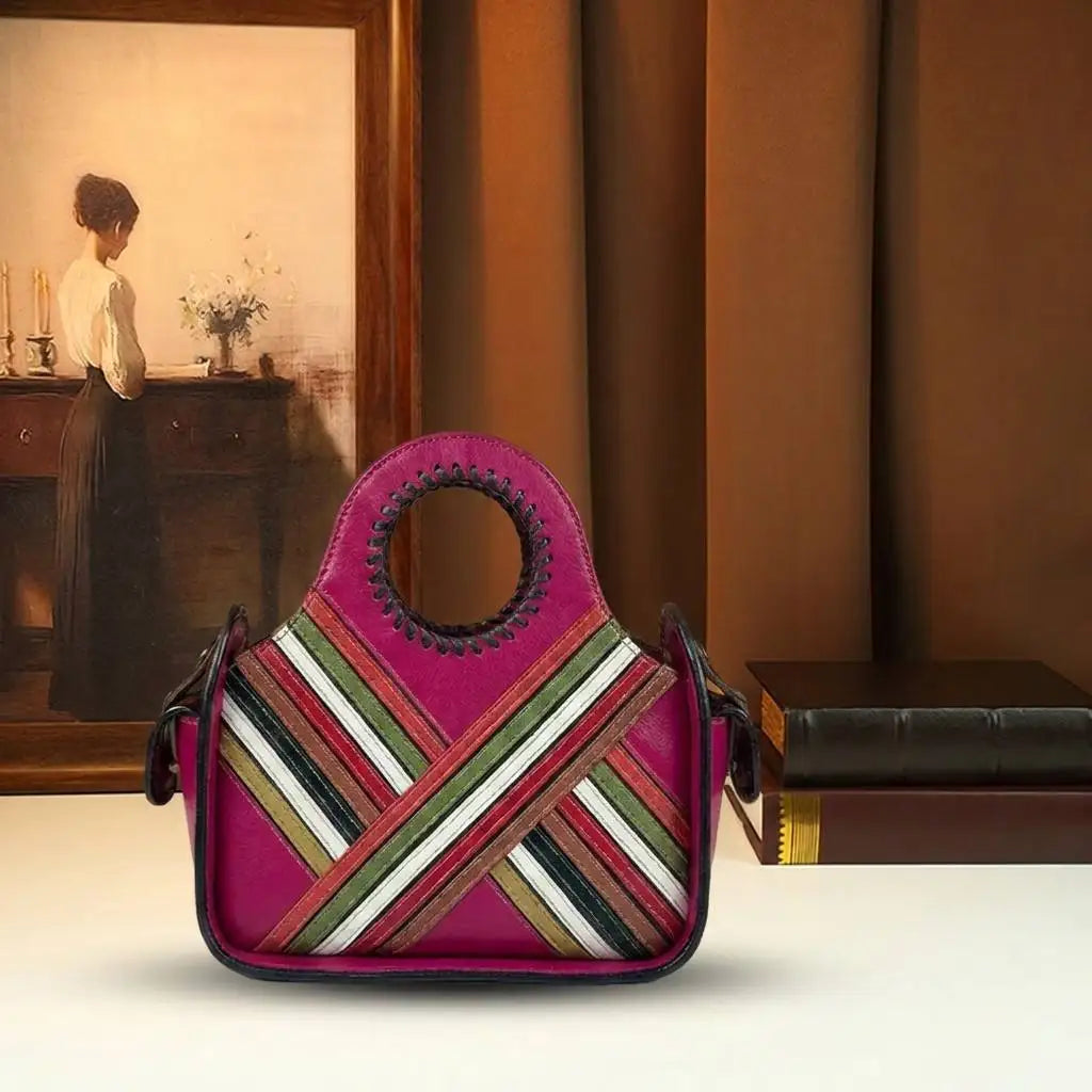 Striped Patchwork Satchel with Circular Top Handle - product photo 4