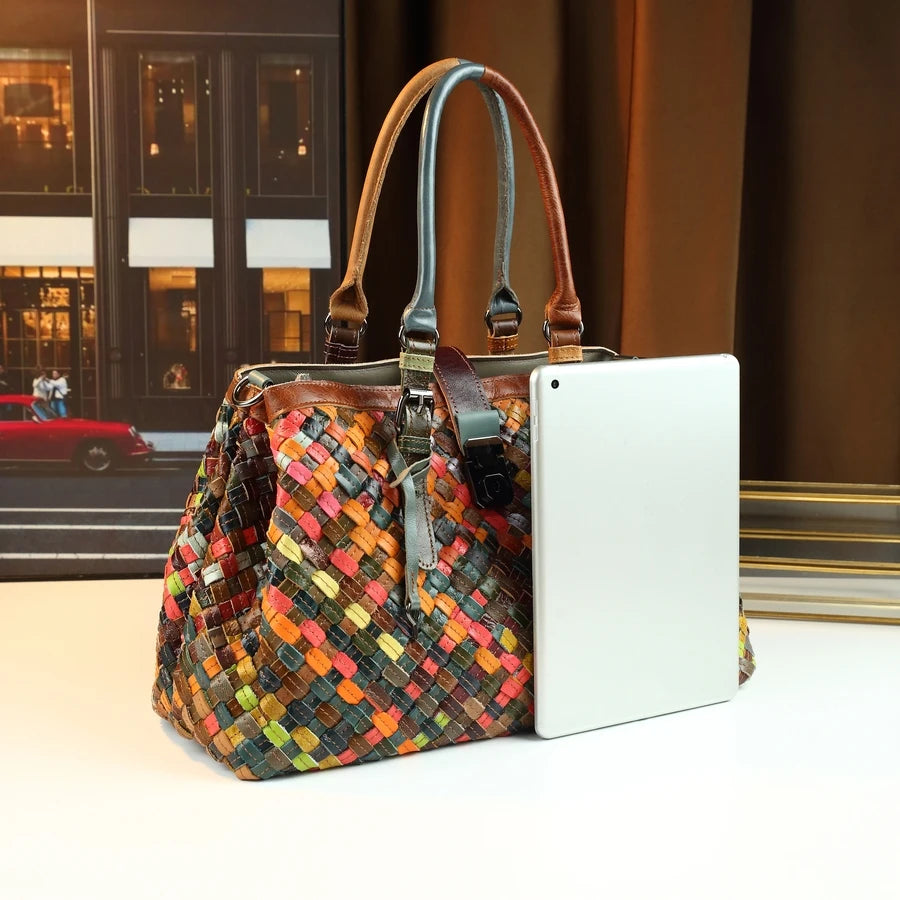 Woven Colour-Block Bucket Bag, Genuine Leather - product photo 3