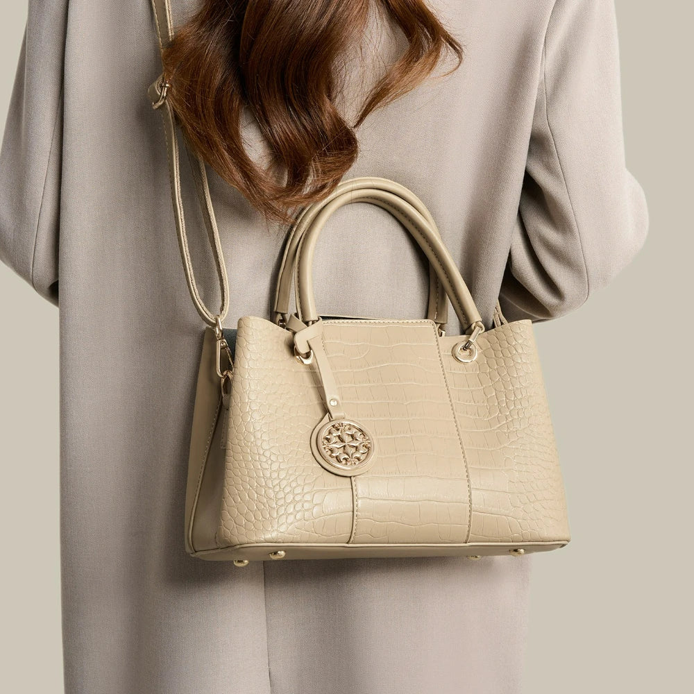 Croc-Embossed Tote Bag with Tassel, Beige Shoulder Bag - product photo 5