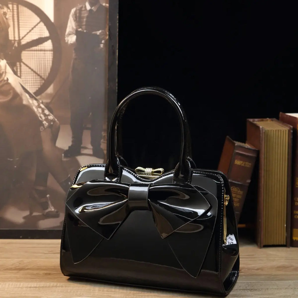 Bow Patent-Leather Handbag, Retro PU Shoulder Bag - product photo 2