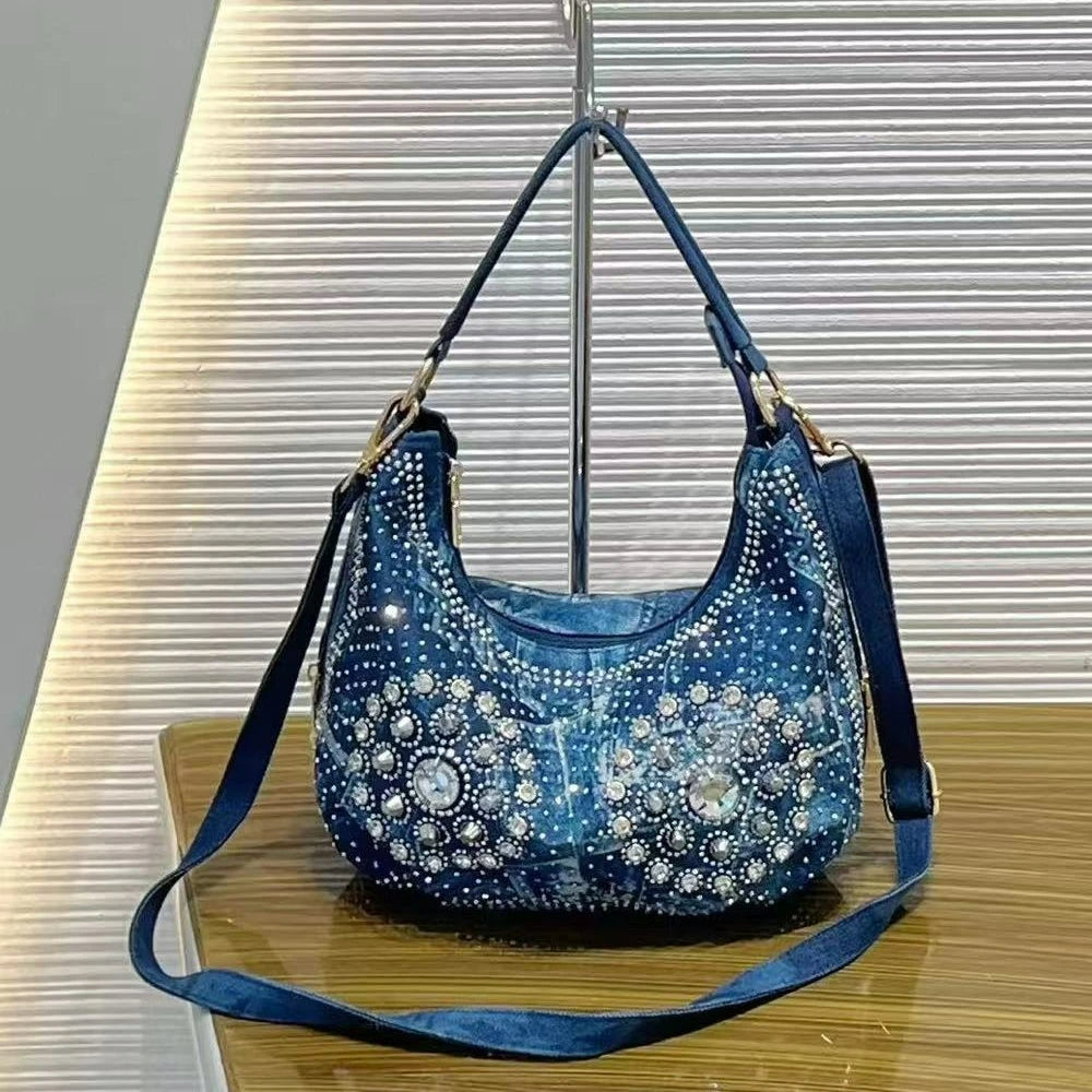 Washed Denim Handbag with Rhinestone Detail - product photo 1