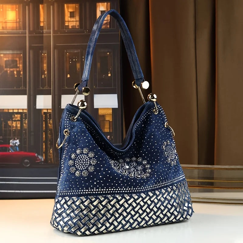 Bohemian Woven Denim-Style Tote, Rhinestone PU Bag - product photo 4