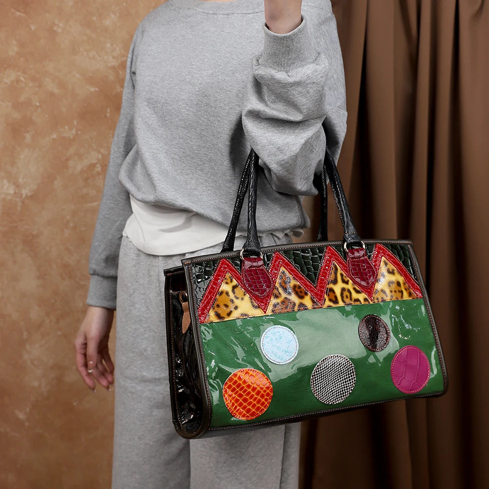 Bohemian Patchwork Cowhide Tote, Colour-Block Bag - product photo 5