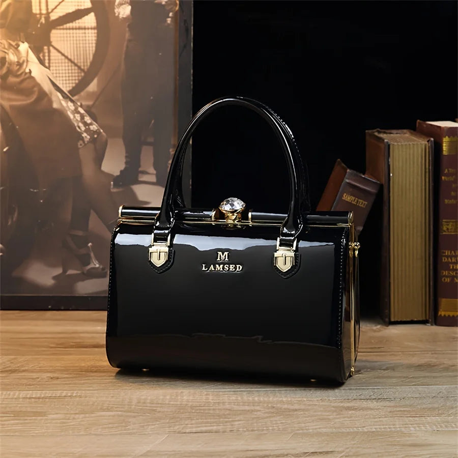 Rhinestone Clasp Tote, Patent PU Bag with Chain Strap - product photo 2