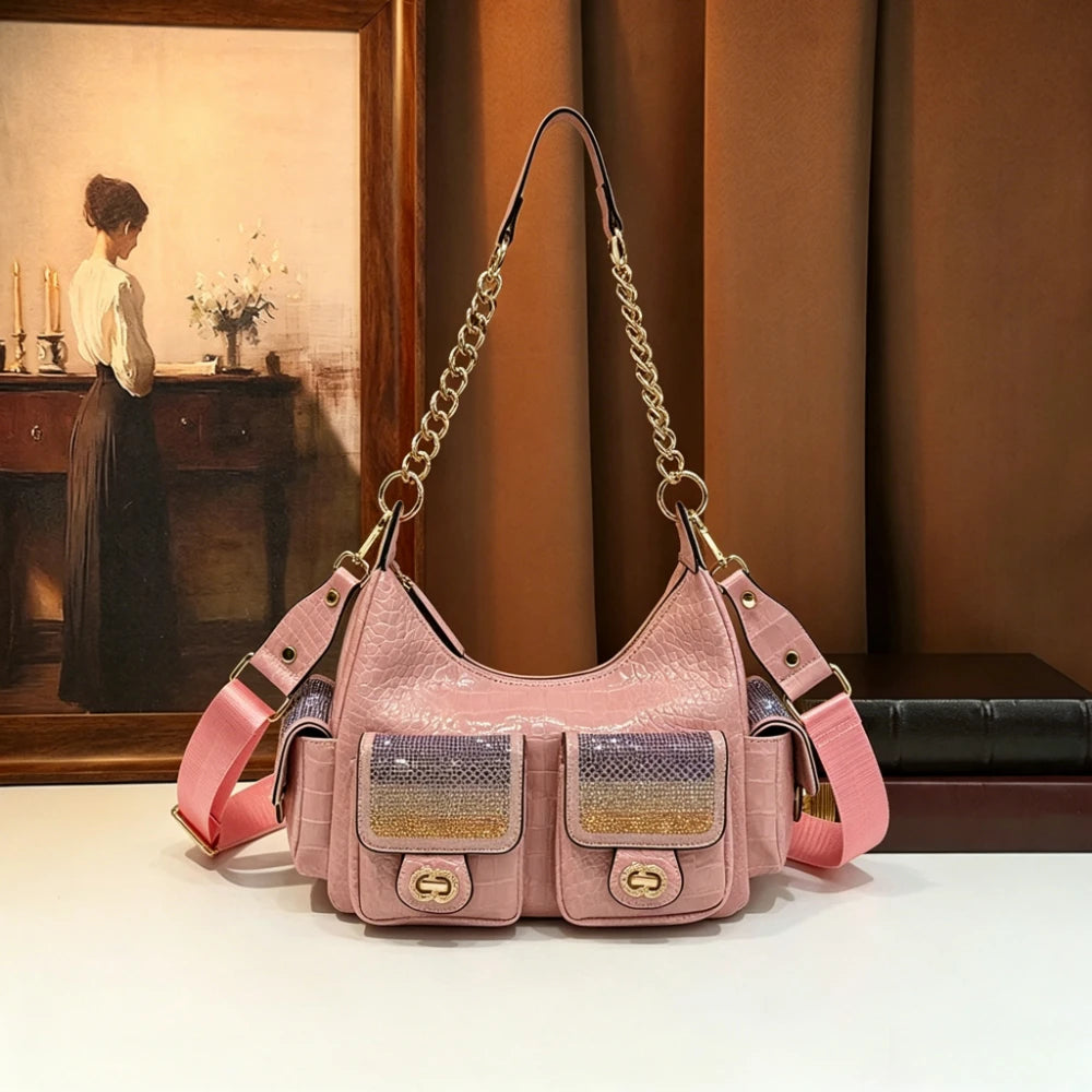 Rhinestone Multi-Pocket Hobo Bag, Chain-Strap Crossbody - product photo 3