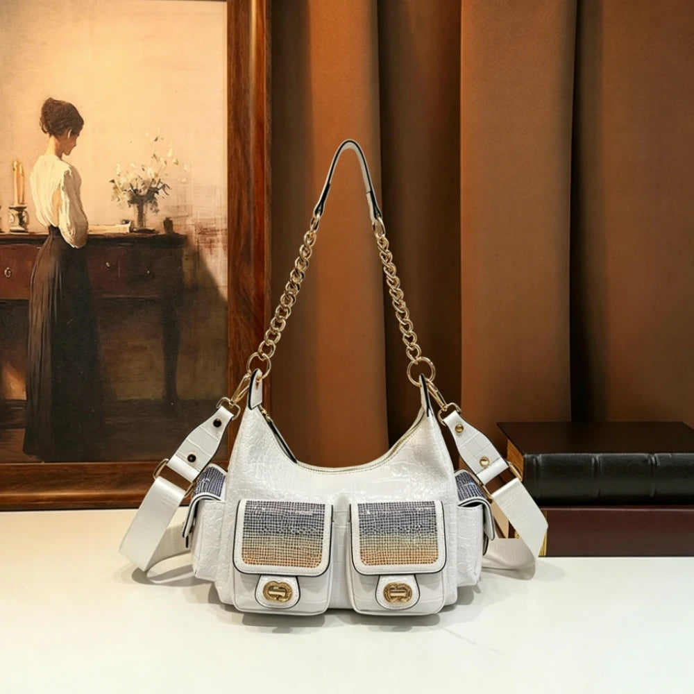 Rhinestone Multi-Pocket Hobo Bag, Chain-Strap Crossbody - product photo 1