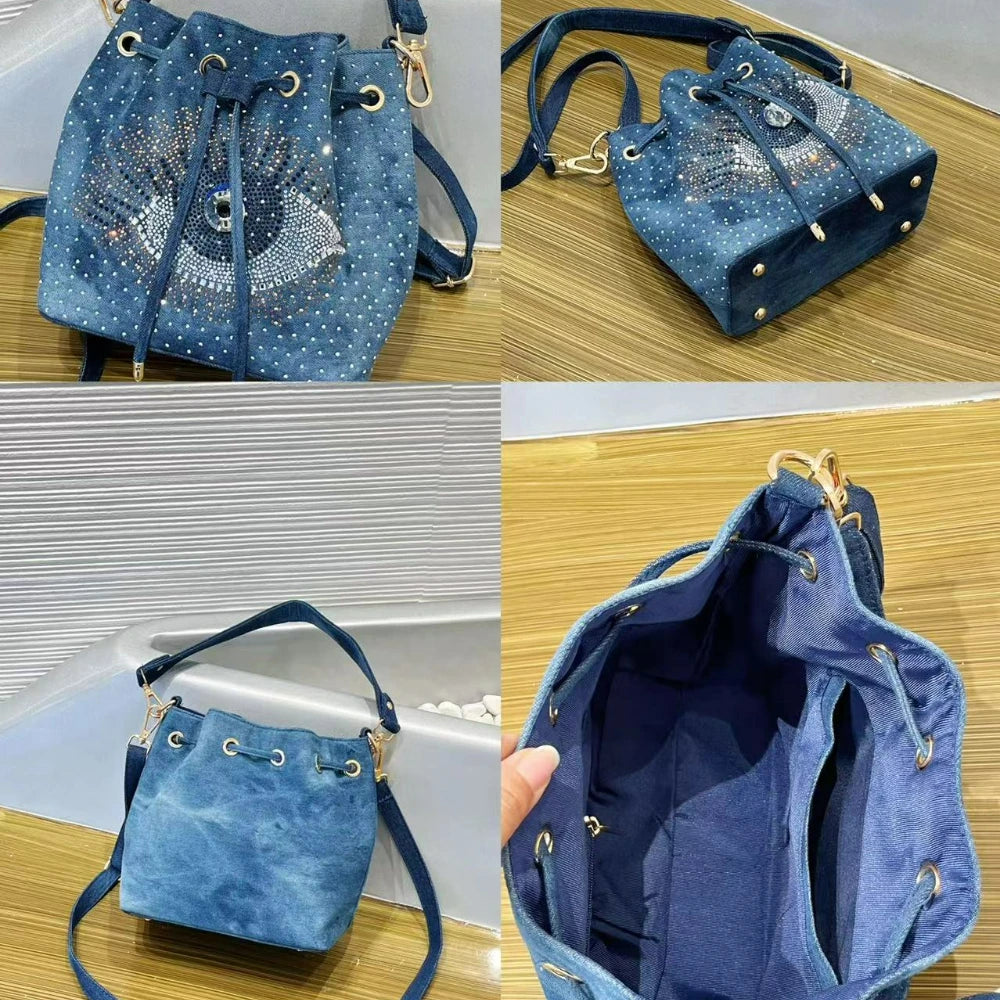 Evil-Eye Rhinestone Bucket Bag, 2-Piece Denim-Look Set - product photo 6