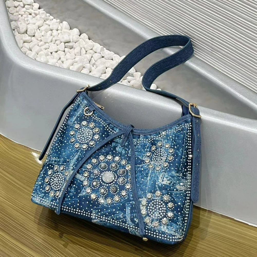 Denim Underarm Bag, Rivet & Diamond Shoulder Bag - product photo 4