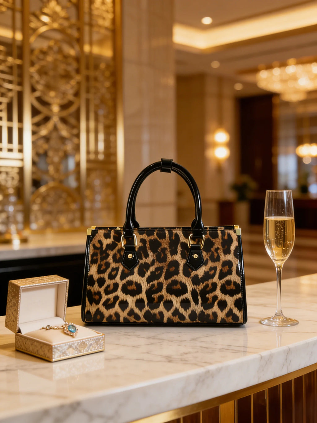 Leopard Tote with Patent Trim, Top-Handle Satchel - product photo 4
