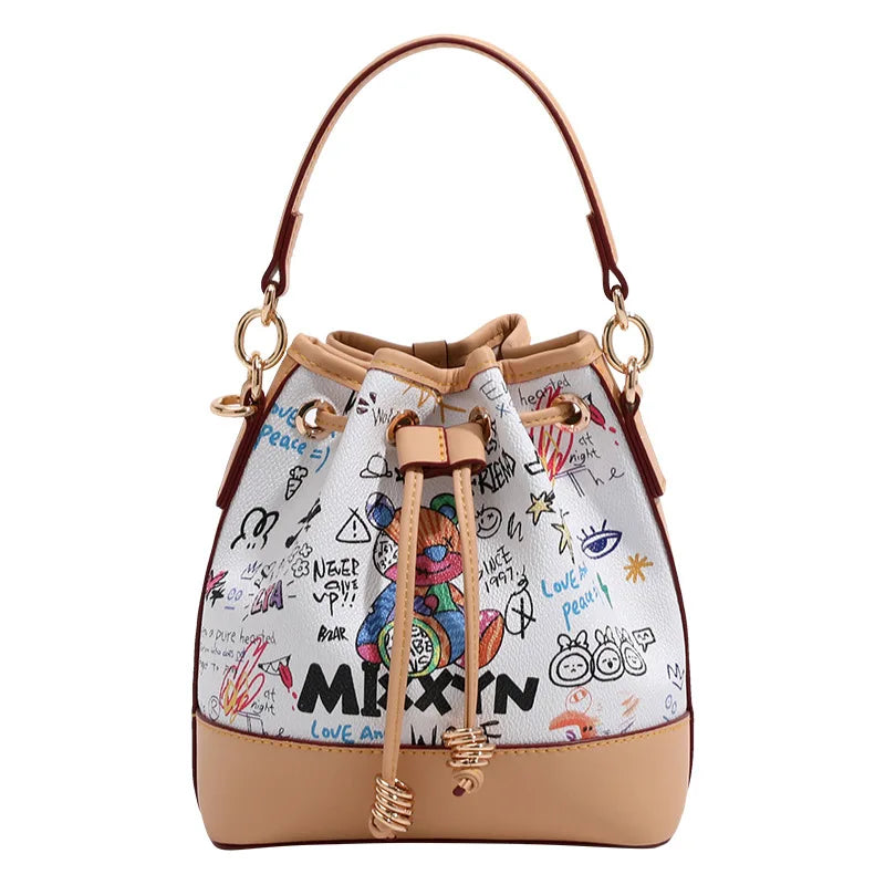 Graffiti Bucket Bag, Cartoon-Print Drawstring Bag - product photo 6