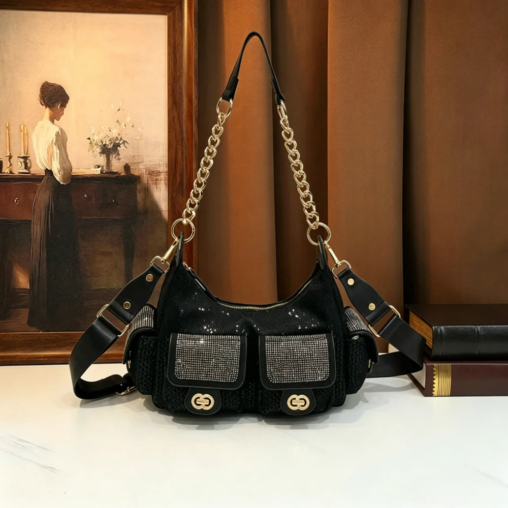 Rhinestone Multi-Pocket Hobo Bag, Chain-Strap Crossbody - product photo 2