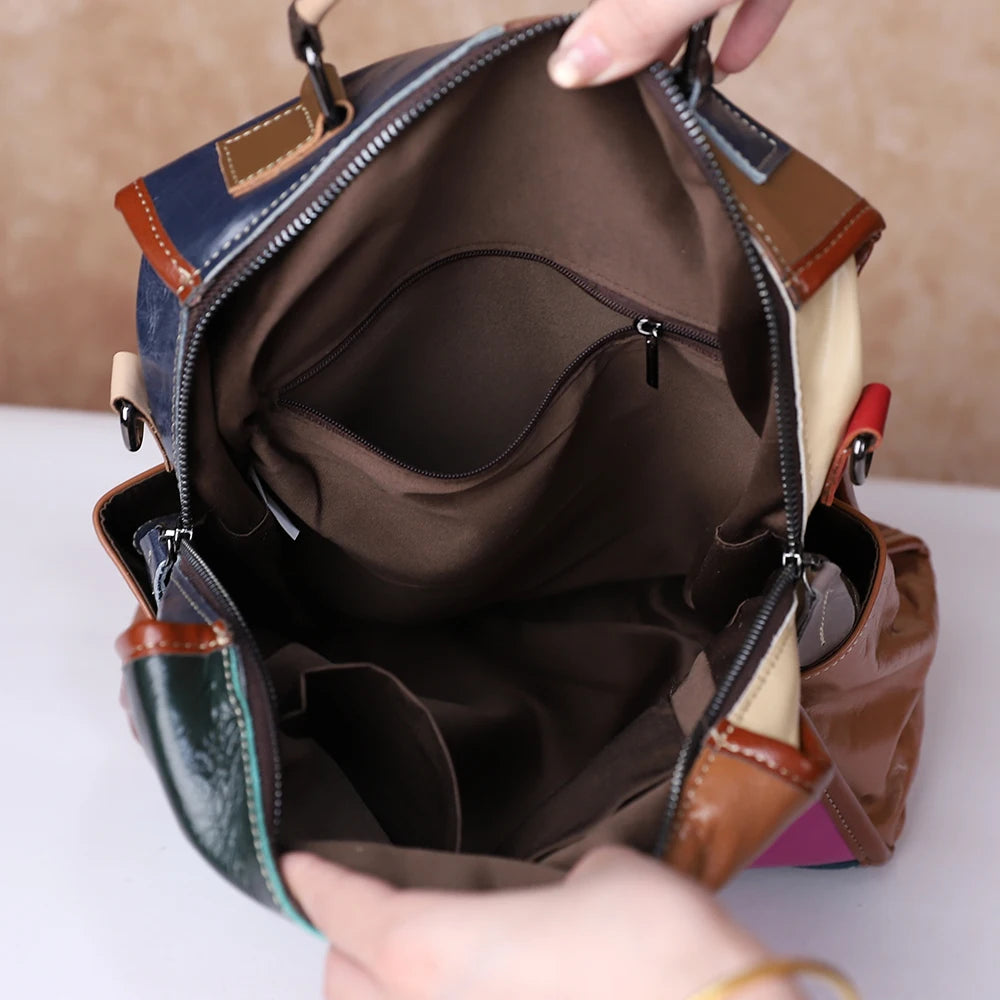 Geometric Genuine Leather Backpack, Colour-Block Daypack - product photo 6