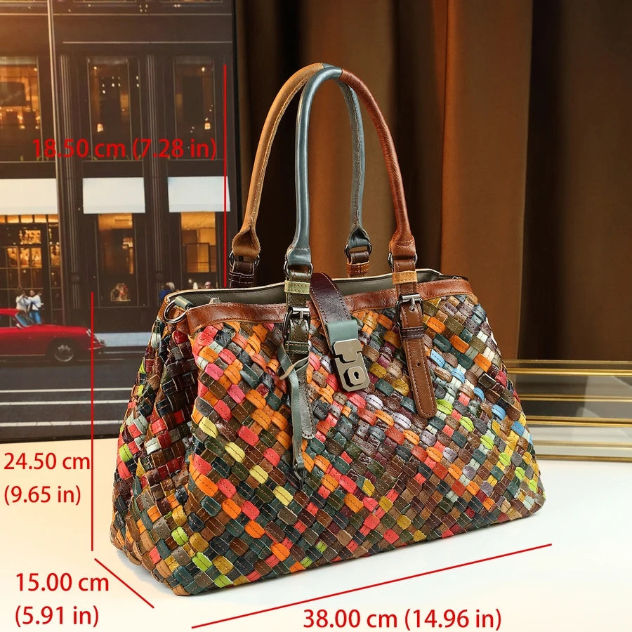 Woven Colour-Block Bucket Bag, Genuine Leather - product photo 2
