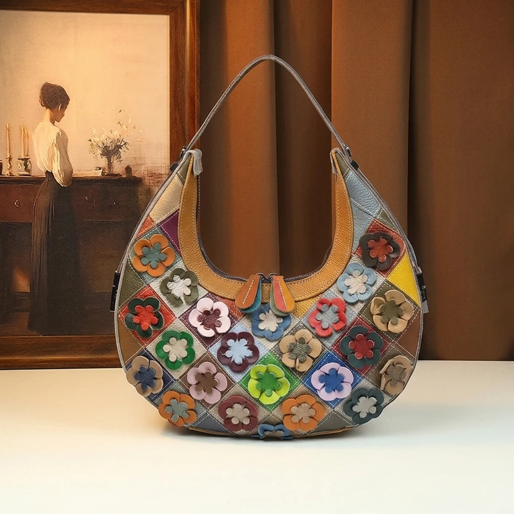 Horn-Shaped Patchwork Leather Bag, Boho Shoulder Bag - product photo 1
