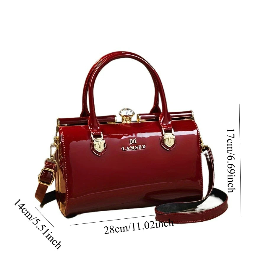 Rhinestone Clasp Tote, Patent PU Bag with Chain Strap - product photo 3