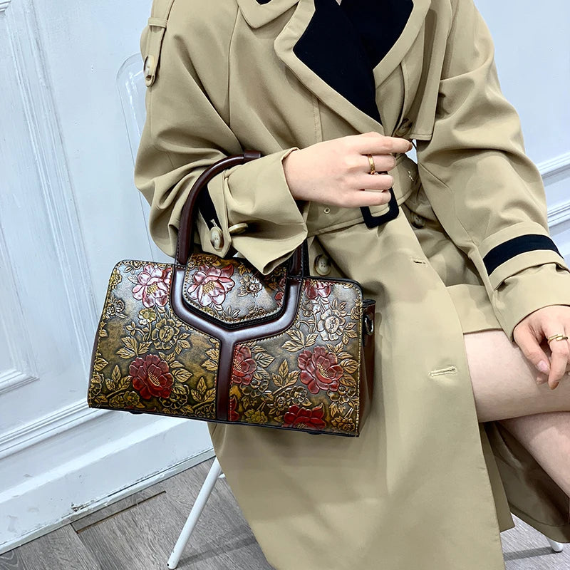 Rose-Embossed Boston Bag, 3D Floral Vintage Handbag - product photo 2