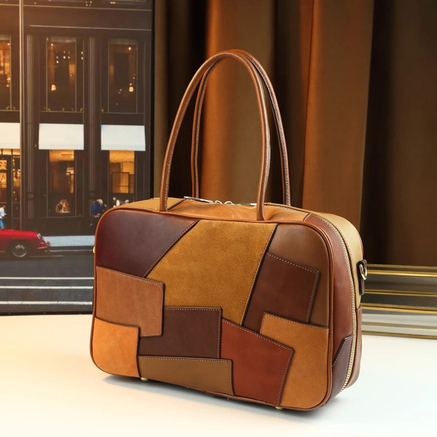 Colour-Block Genuine Leather Square Bag, Geometric Panels - product photo 1
